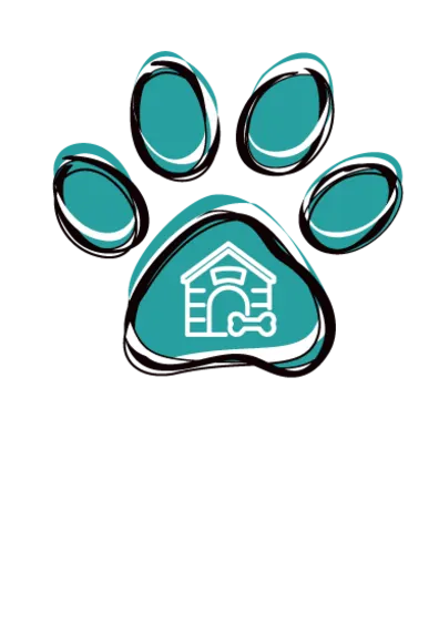Paw icon with dog house on it, dog boarding at Bowhaus Colorado